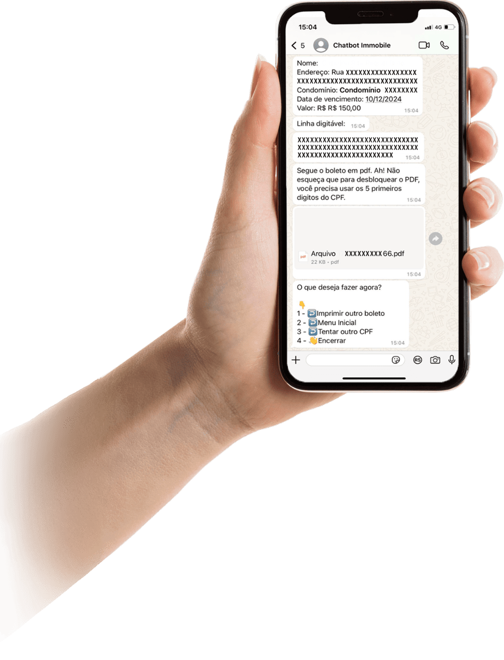 Uma mão segurando um smartphone com uma conversa de chatbot na tela. A mensagem exibe informações sobre um boleto, incluindo endereço, valor, linha digitável e opções de ação, como imprimir boleto ou encerrar.