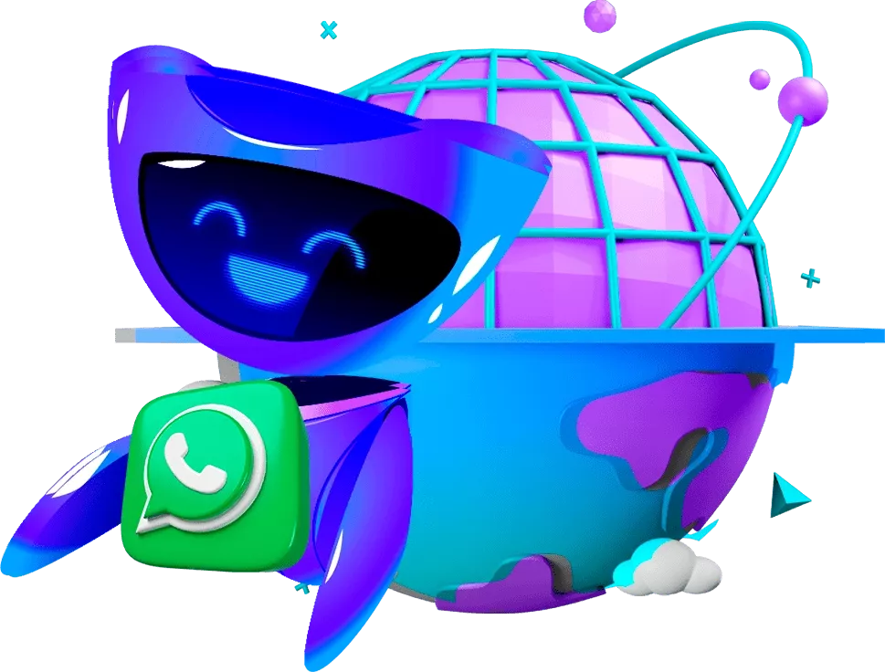 Ilustração de um personagem digital sorridente em tons de azul e roxo, segurando um ícone do WhatsApp, com um globo terrestre ao fundo, simbolizando a comunicação global e integração do software Immobile da Alterdata com plataformas de mensagens.