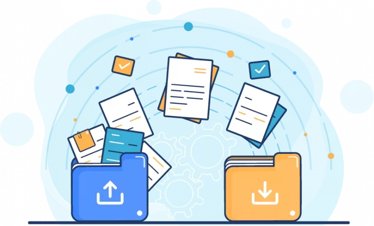 Ilustração de pastas de arquivo com ícones de upload e download, com documentos voando entre elas e engrenagens ao fundo, representando a transferência e organização de arquivos no software Immobile da Alterdata.